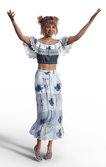 Joyful Woman Raising Armsin Floral Outfit PNG image
