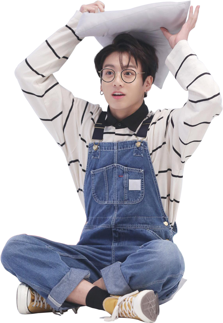 Jungkookin Striped Shirtand Denim Overalls PNG image