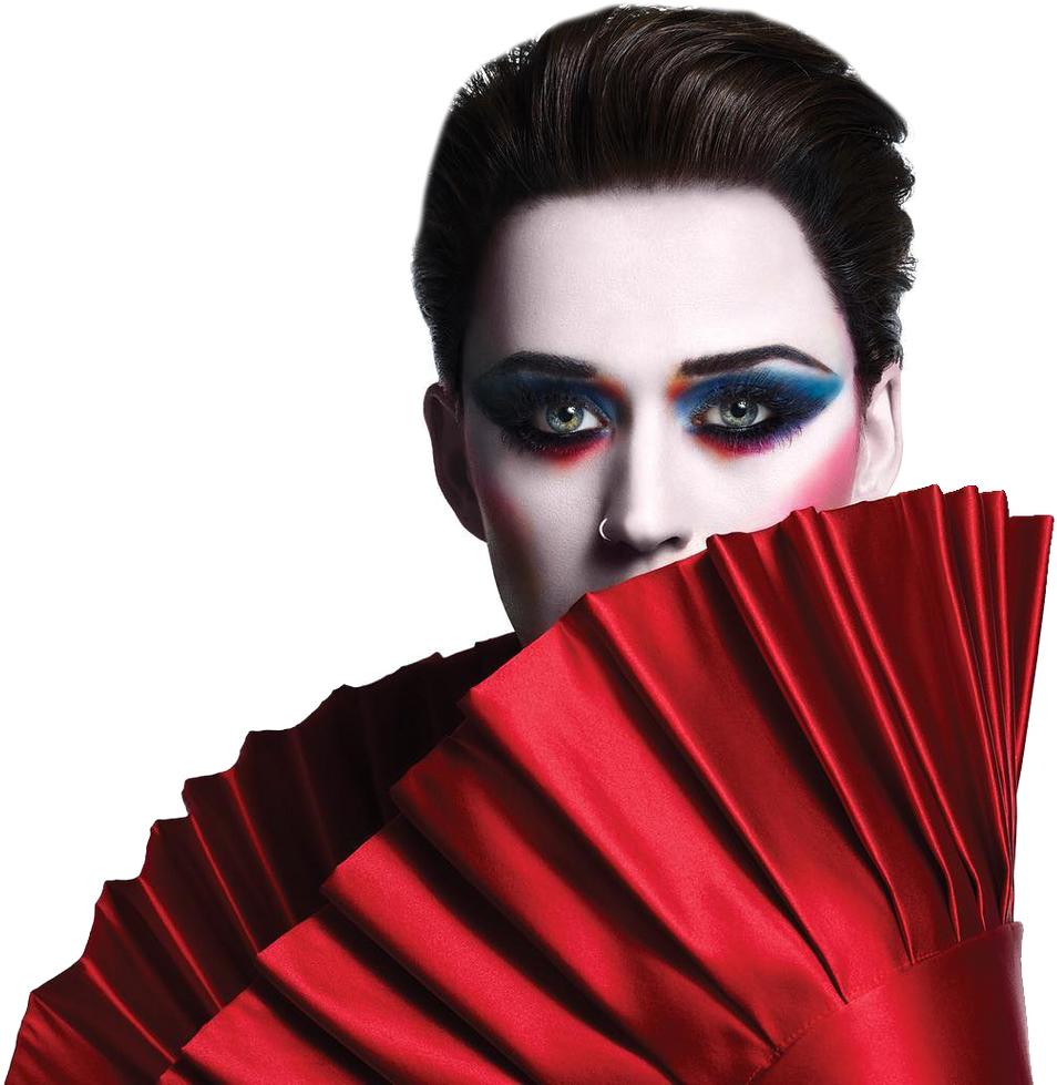 Katy Perry Bold Makeupand Red Fan PNG image