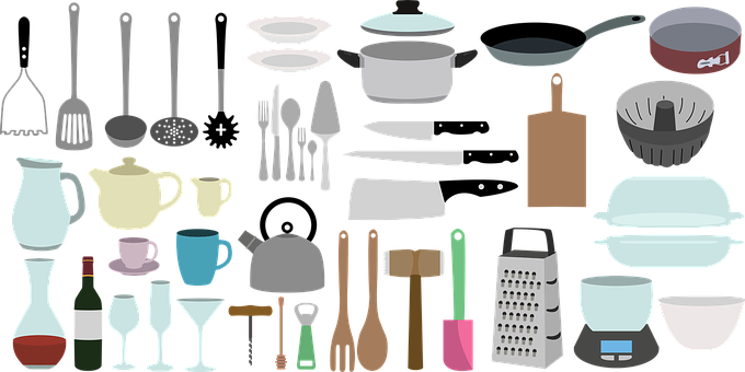 Kitchen Utensilsand Cookware Flat Design PNG image