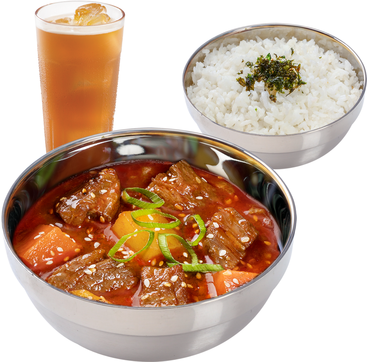 Korean Beef Stew Rice Beer PNG image