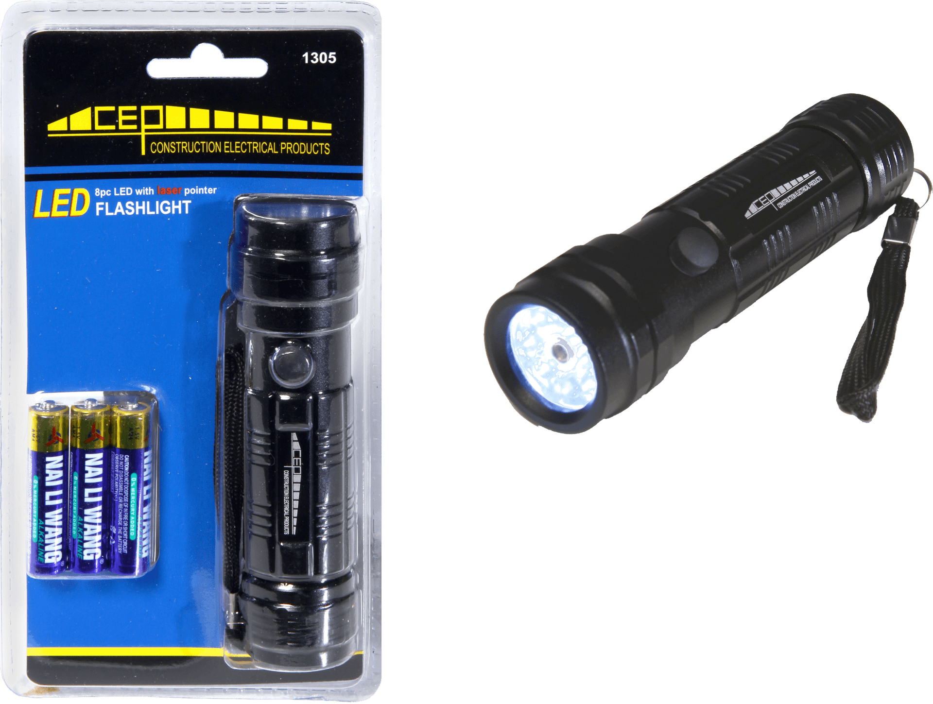 L E D Flashlightwith Batteriesand Packaging PNG image