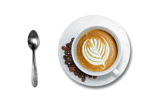 Latte Art Coffee Beans Spoon Black Background.jpg PNG image