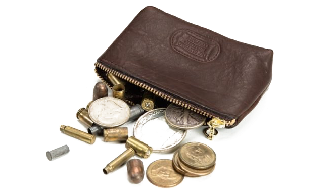Leather Pursewith Coins Scattered PNG image