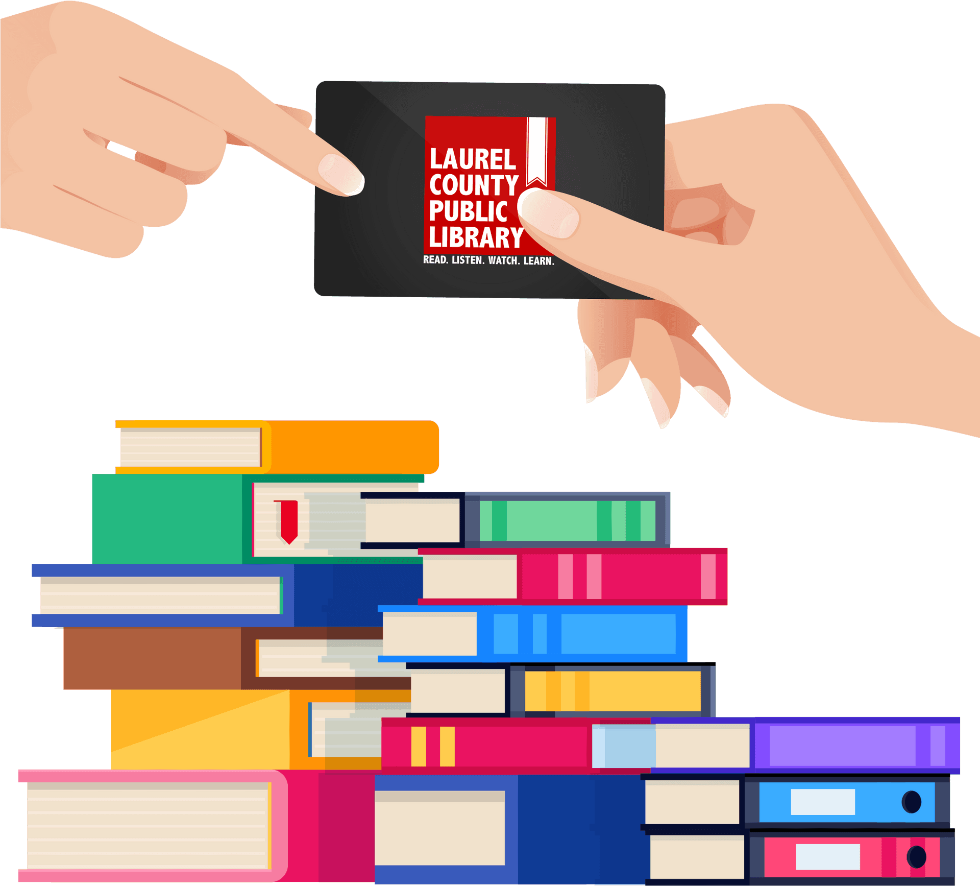 Library Card Handover Above Book Pile PNG image