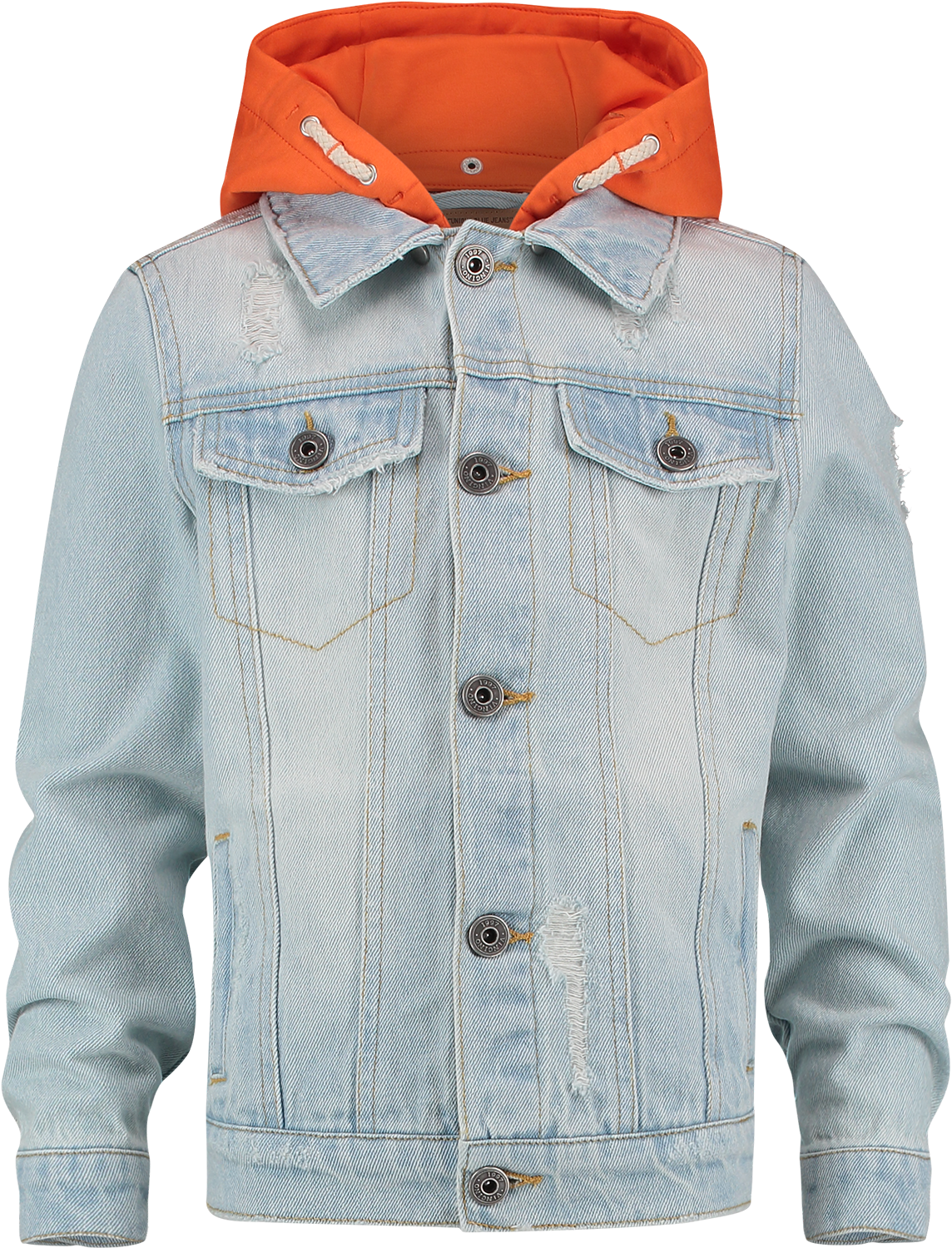 Light Wash Denim Jacketwith Orange Hood PNG image