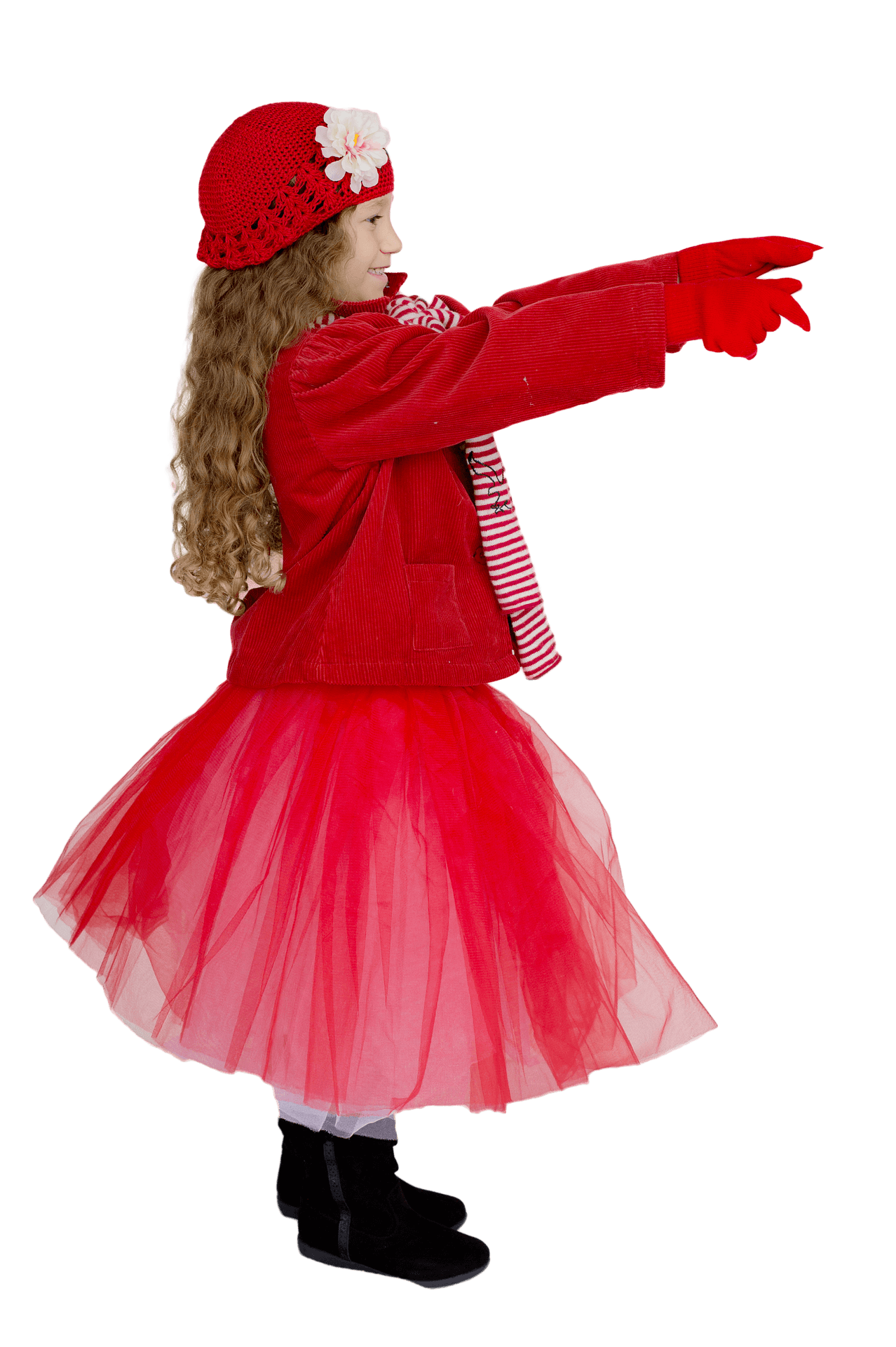 Little Girl Red Christmas Outfit Pointing PNG image