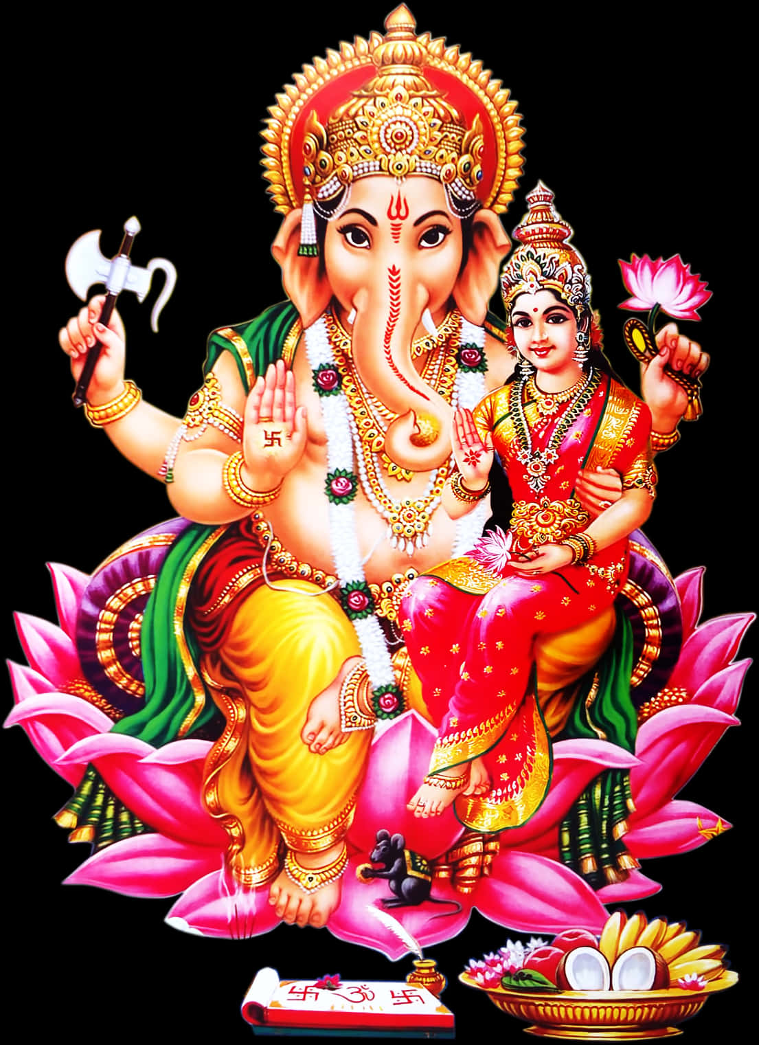 Lord Ganeshand Goddess Lakshmion Lotus PNG image