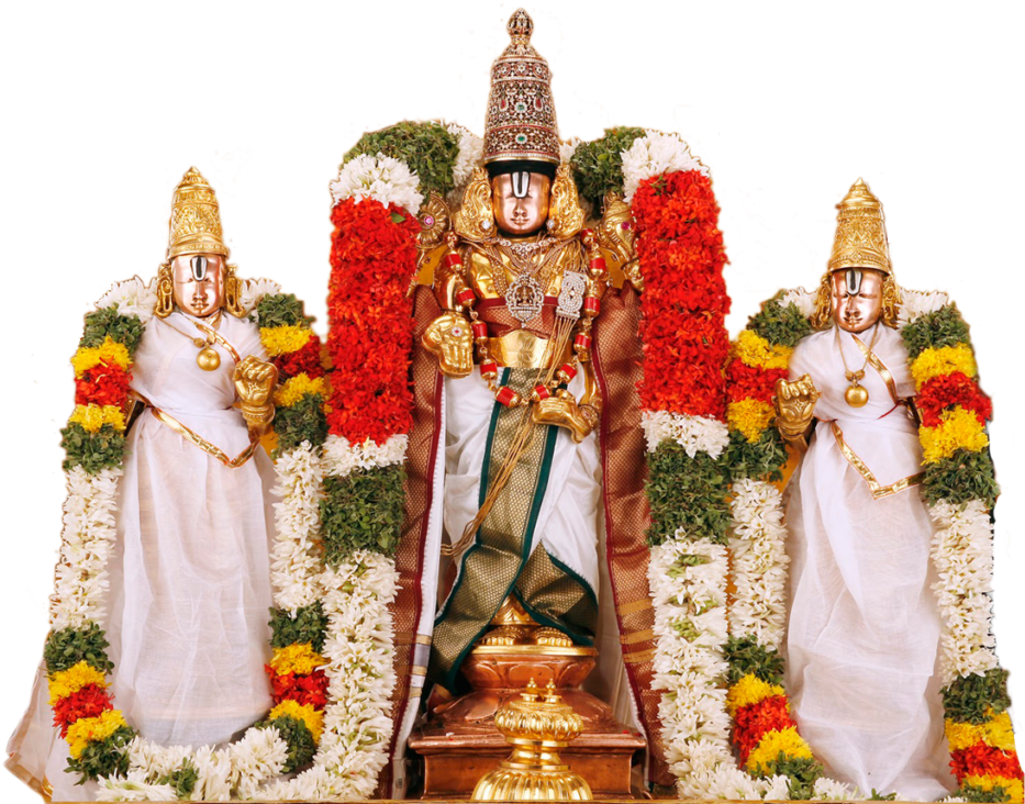 Lord Venkateswaraand Consorts Adornedwith Flowers PNG image