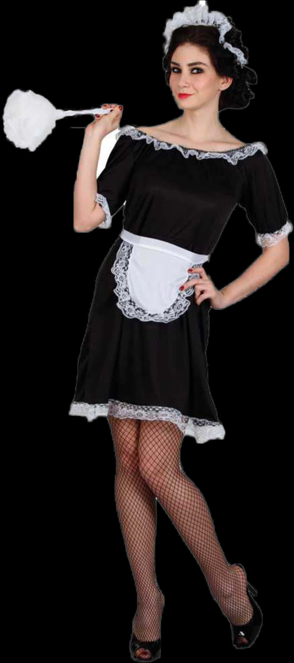 Maid Costume Black Dress Fishnet Stockings PNG image