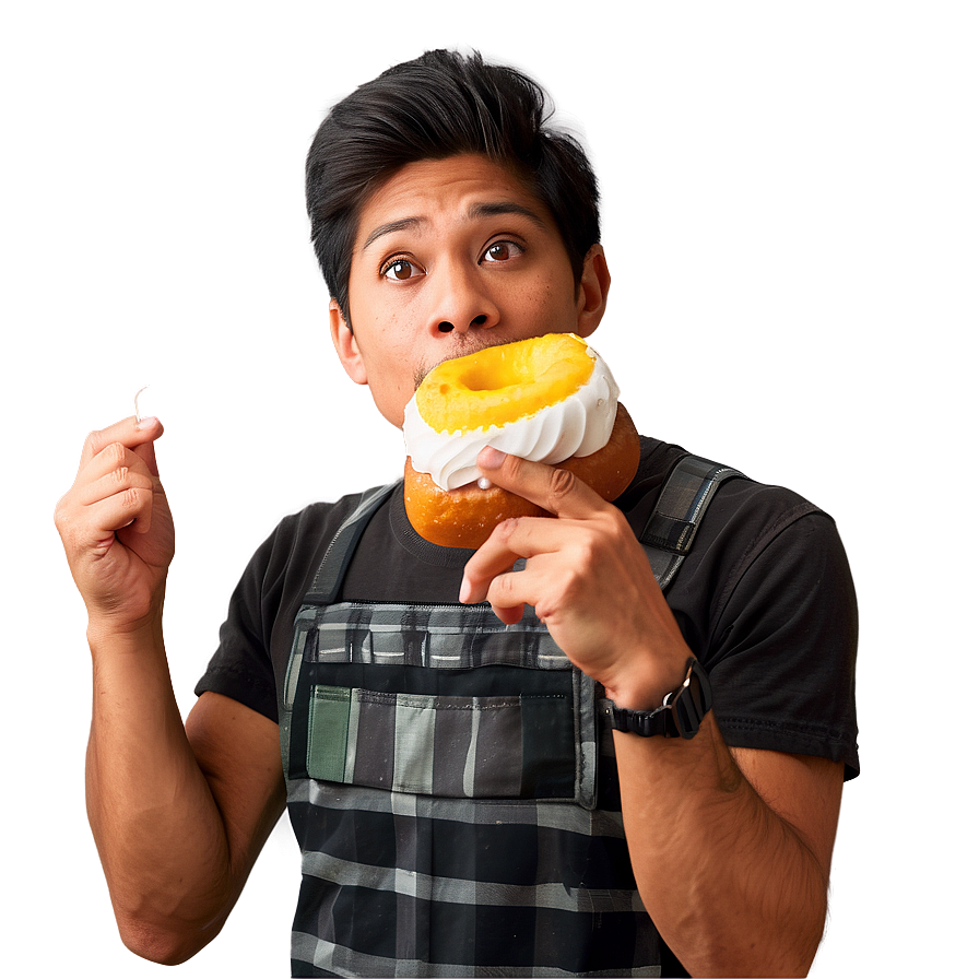 Man Eating Cream Filled Donut PNG image