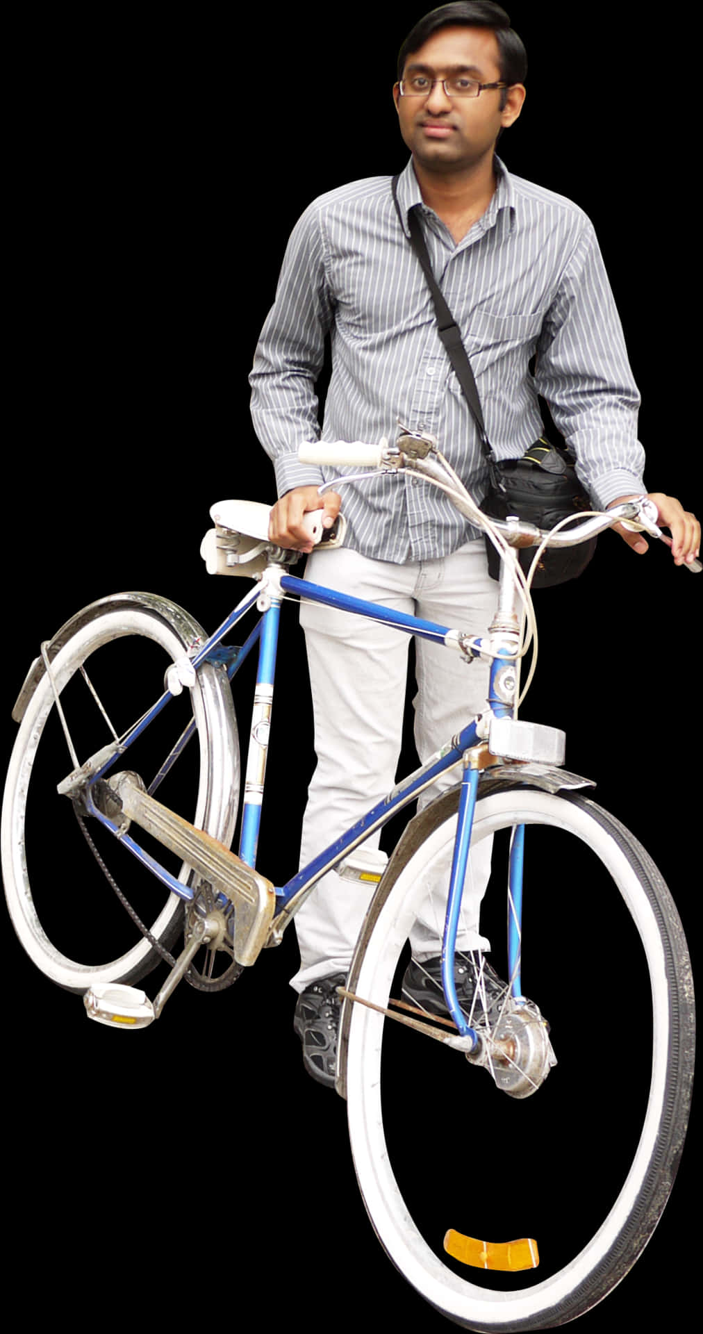 Man Holding Bicycle Black Background PNG image