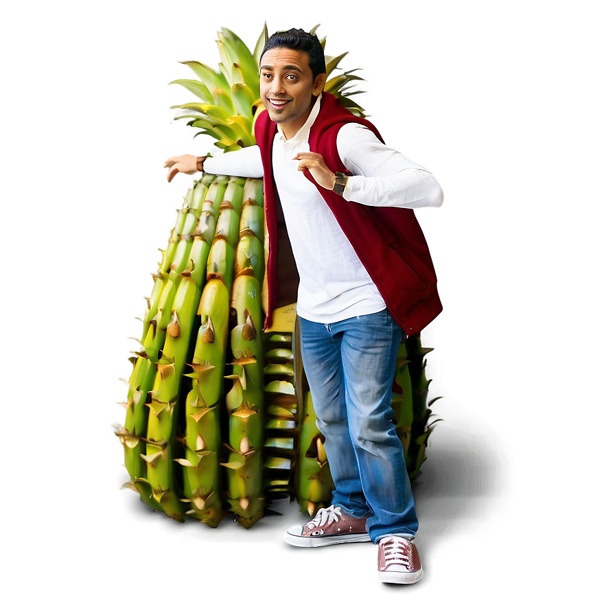 Man Leaningon Giant Pineapple PNG image