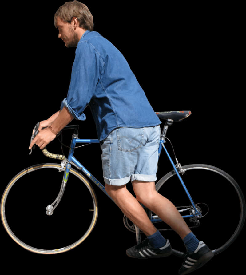 Man Mounting Bicycle Black Background PNG image