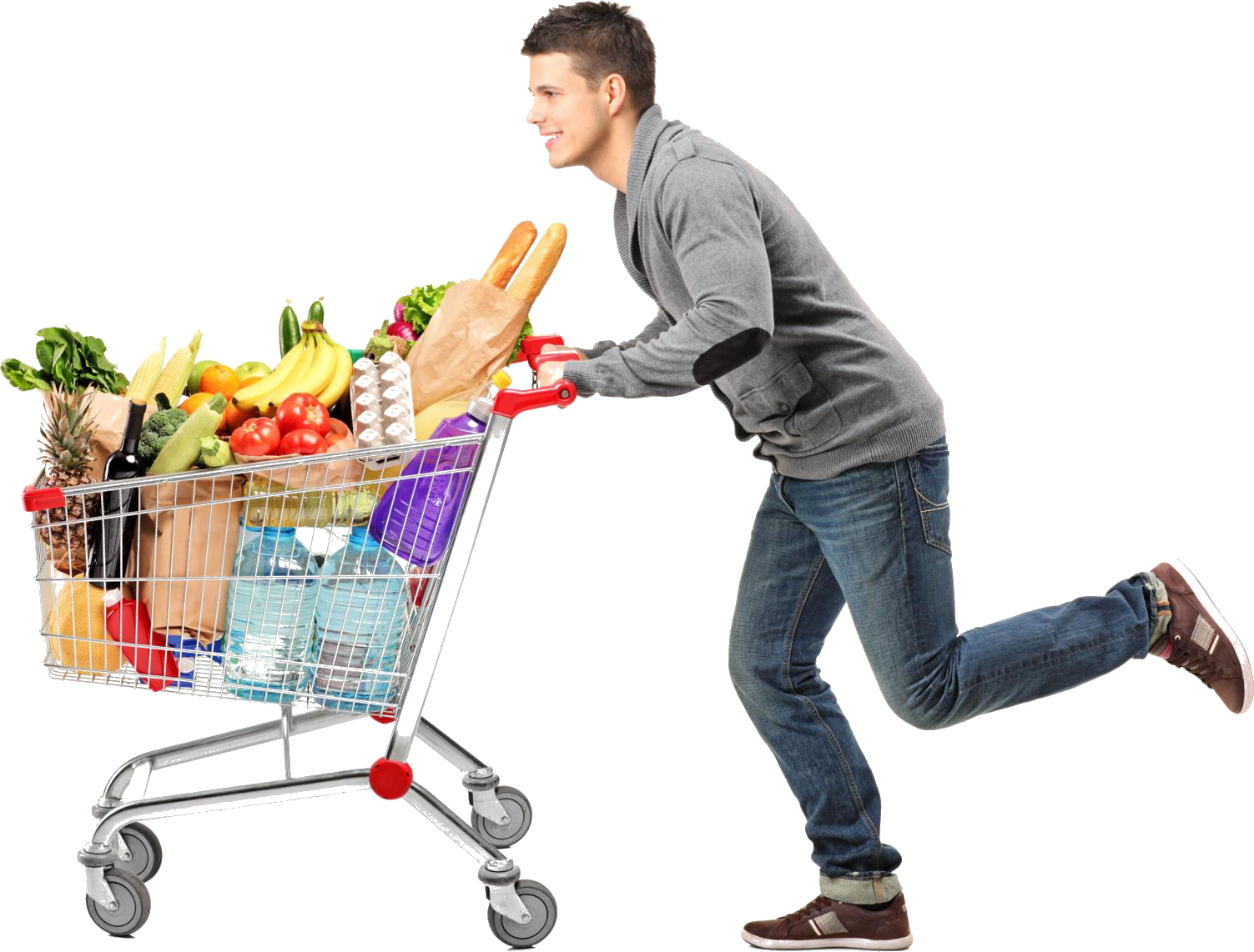 Man Pushing Full Shopping Cart PNG image