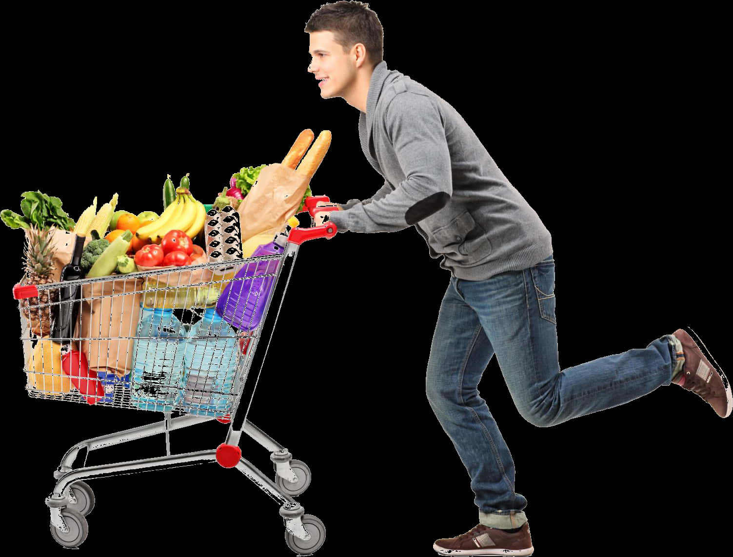 Man Pushing Full Shopping Cart PNG image
