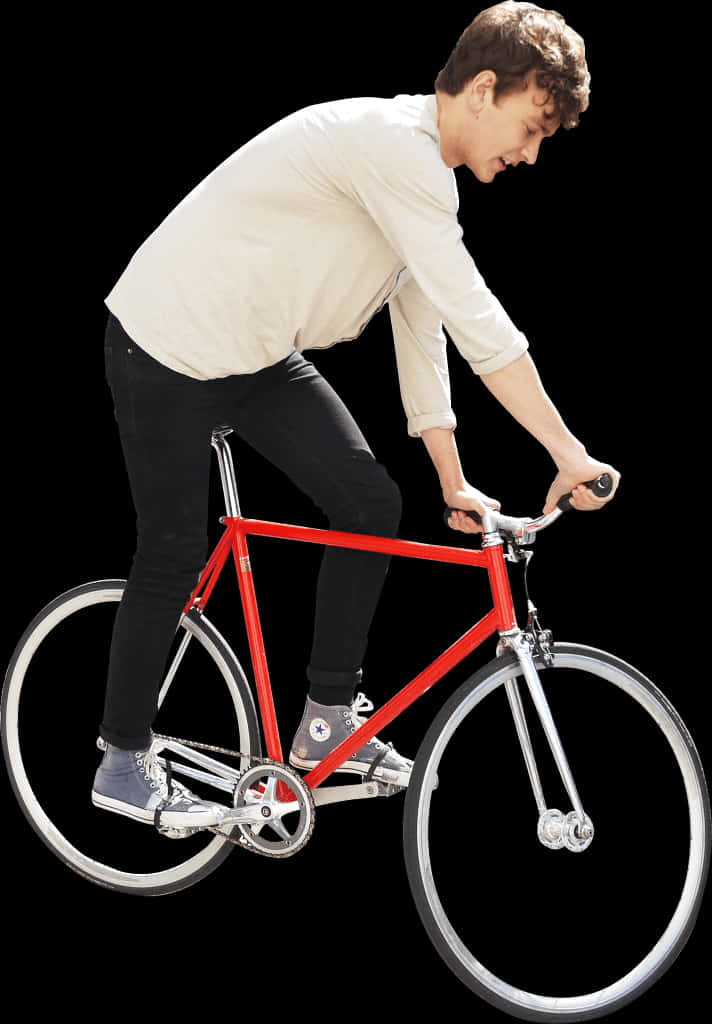 Man Riding Red Fixed Gear Bike PNG image