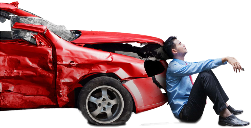 Man Sitting By Damaged Car After Accident PNG image