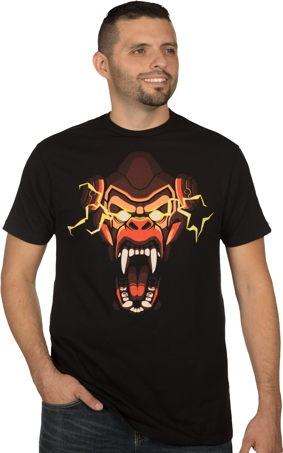 Man Wearing Fierce Monster Graphic Tee PNG image