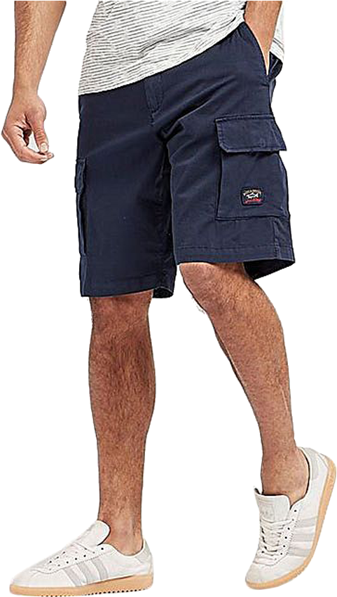 Man Wearing Navy Cargo Shorts PNG image