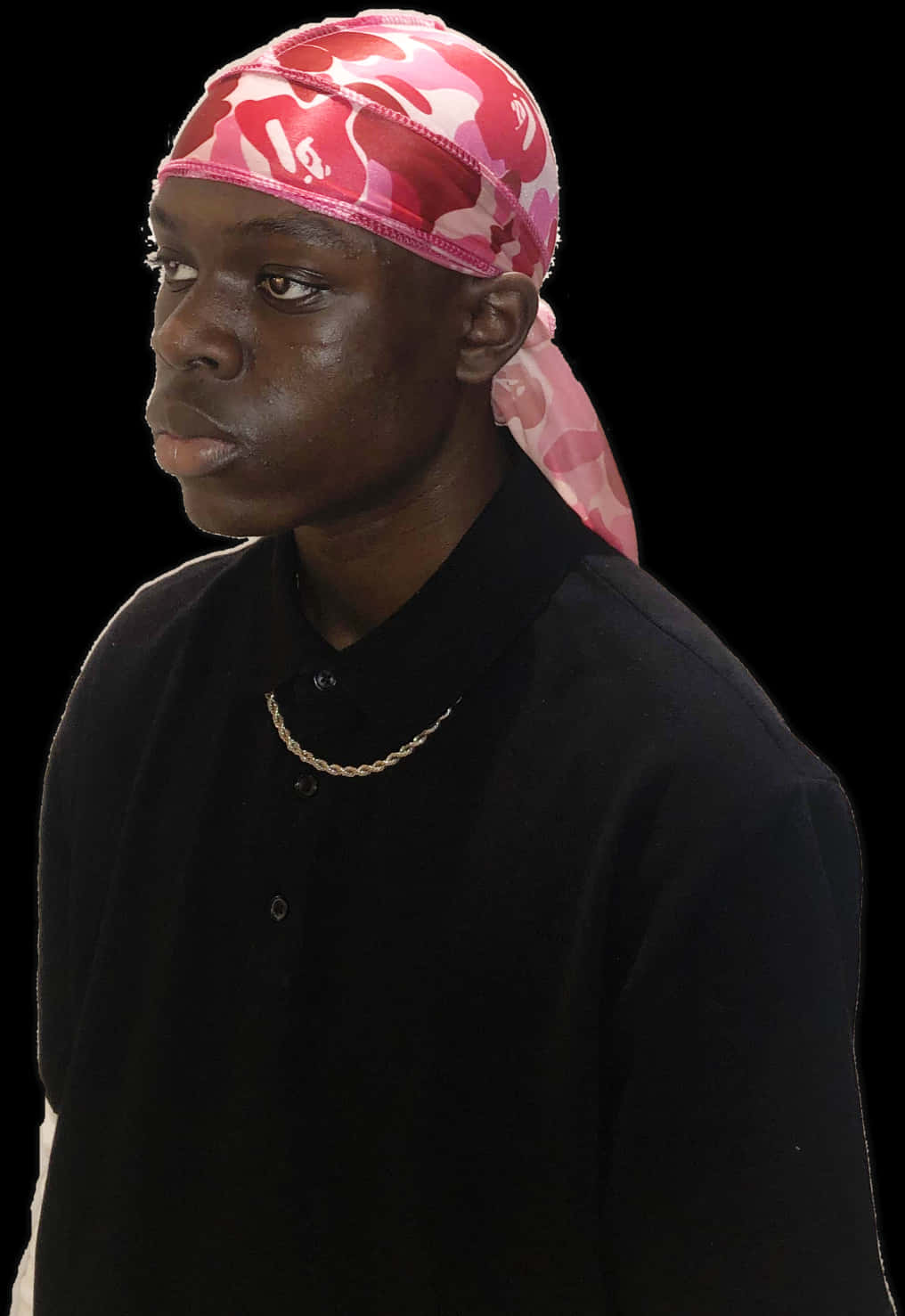 Man Wearing Pink Camouflage Durag PNG image