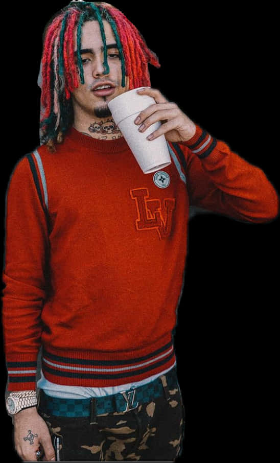 Man_with_ Colorful_ Dreads_ Drinking PNG image