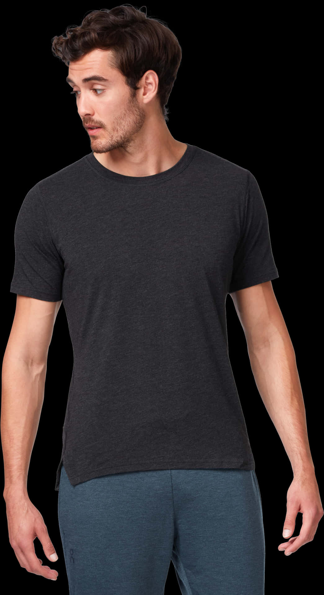 Manin Black T Shirt Looking Aside PNG image