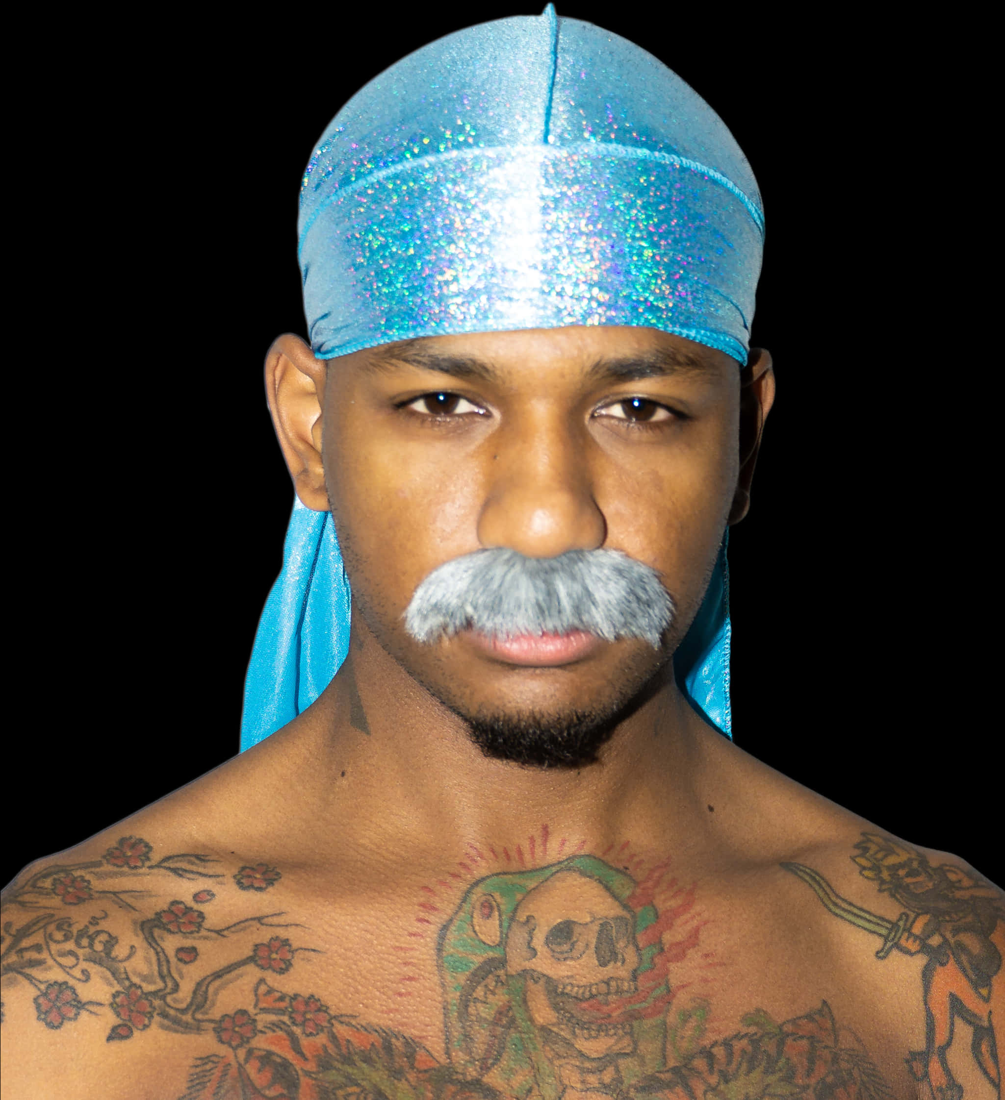 Manwith Blue Sparkly Duragand Tattoos PNG image