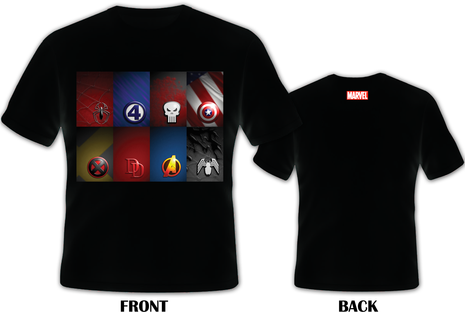 Marvel Superhero Icons Black Tshirt Design PNG image
