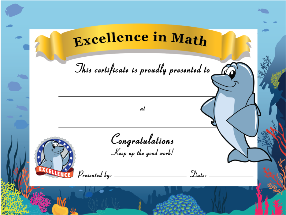 Math Excellence Certificate Dolphin Theme PNG image