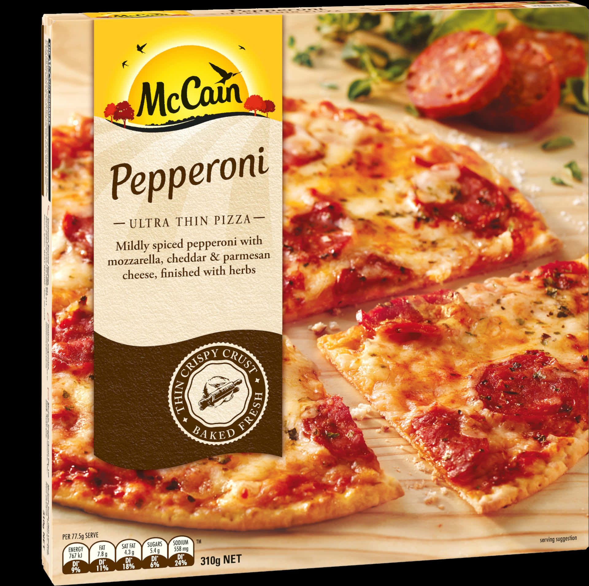 Mc Cain Pepperoni Ultra Thin Pizza Box PNG image