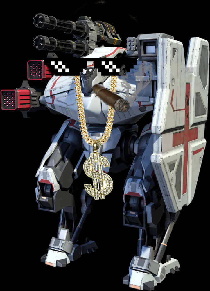 Mech Robot With Gold Chainand Cigar PNG image