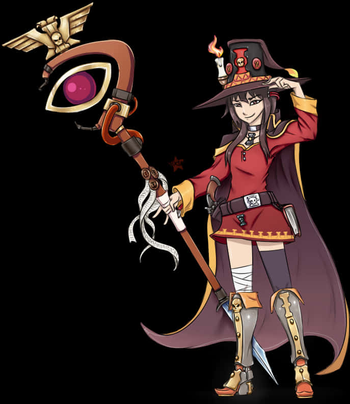 Megumin Anime Character With Staff PNG image