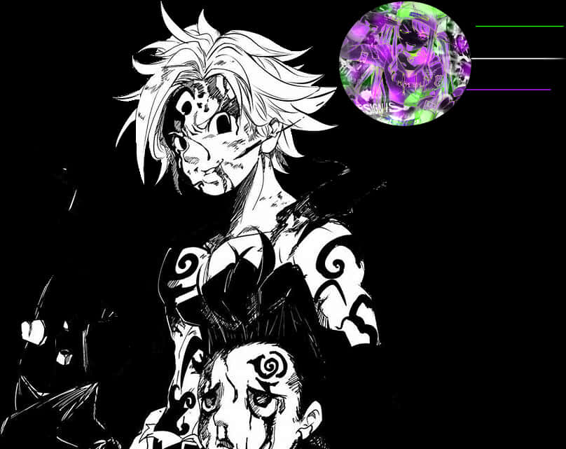 Meliodasand Companions Blackand White Artwork PNG image