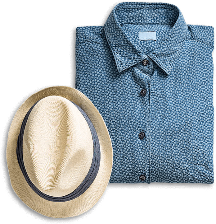 Mens Blue Patterned Shirtand Straw Hat PNG image