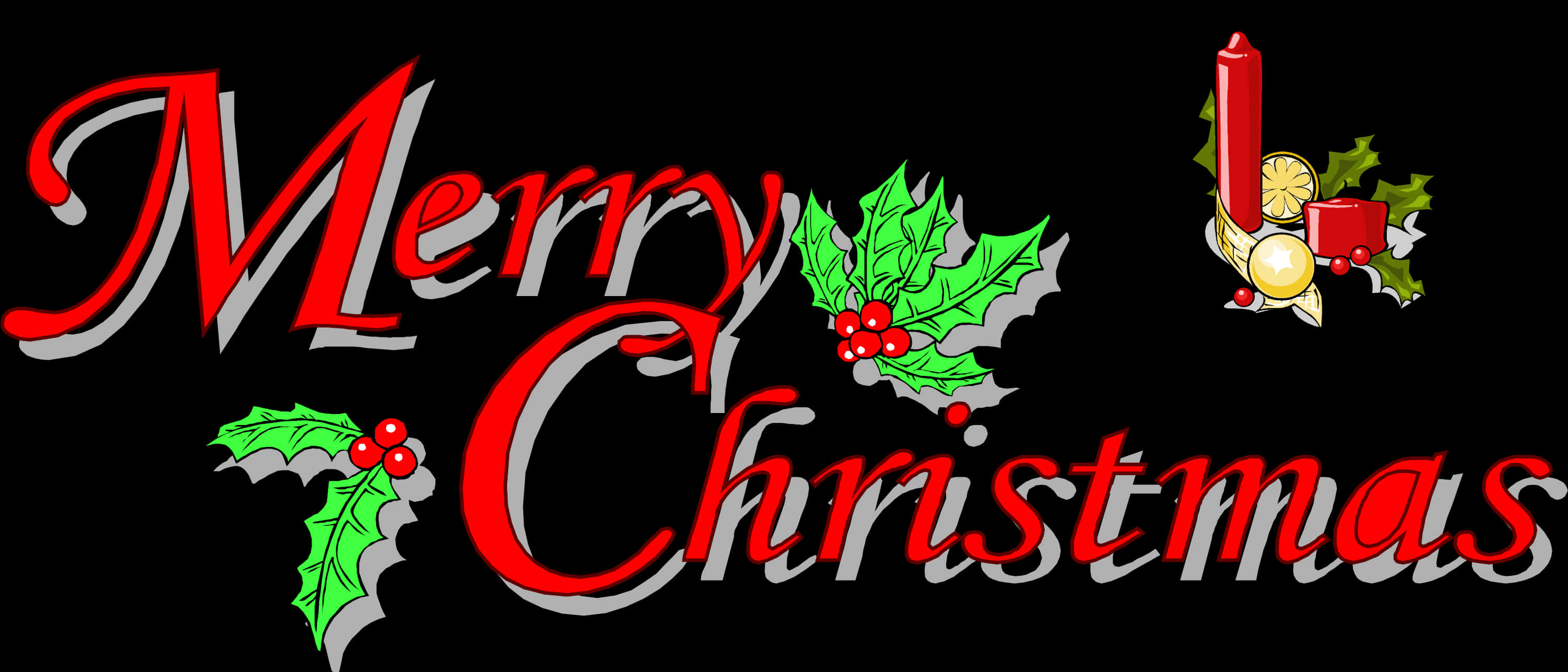 Merry Christmas Red Text Holly Decoration PNG image