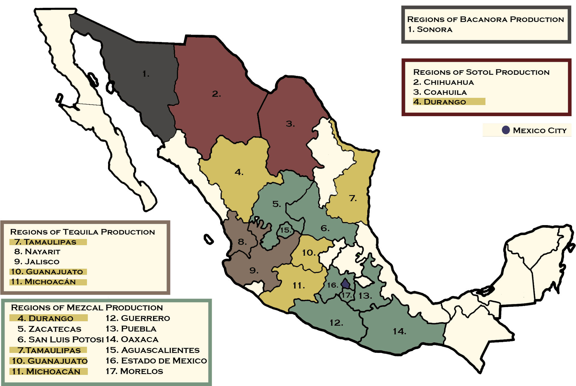 Mexican Spirits Production Regions Map PNG image