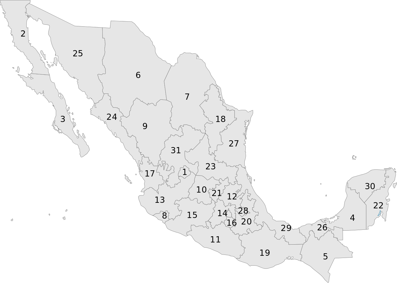 Mexico Numbered Regions Map PNG image