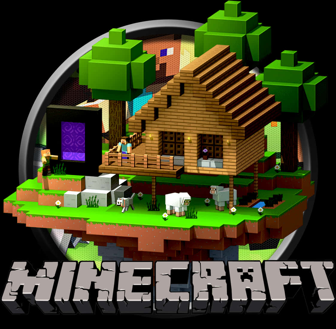 Minecraft Logoand World Representation PNG image