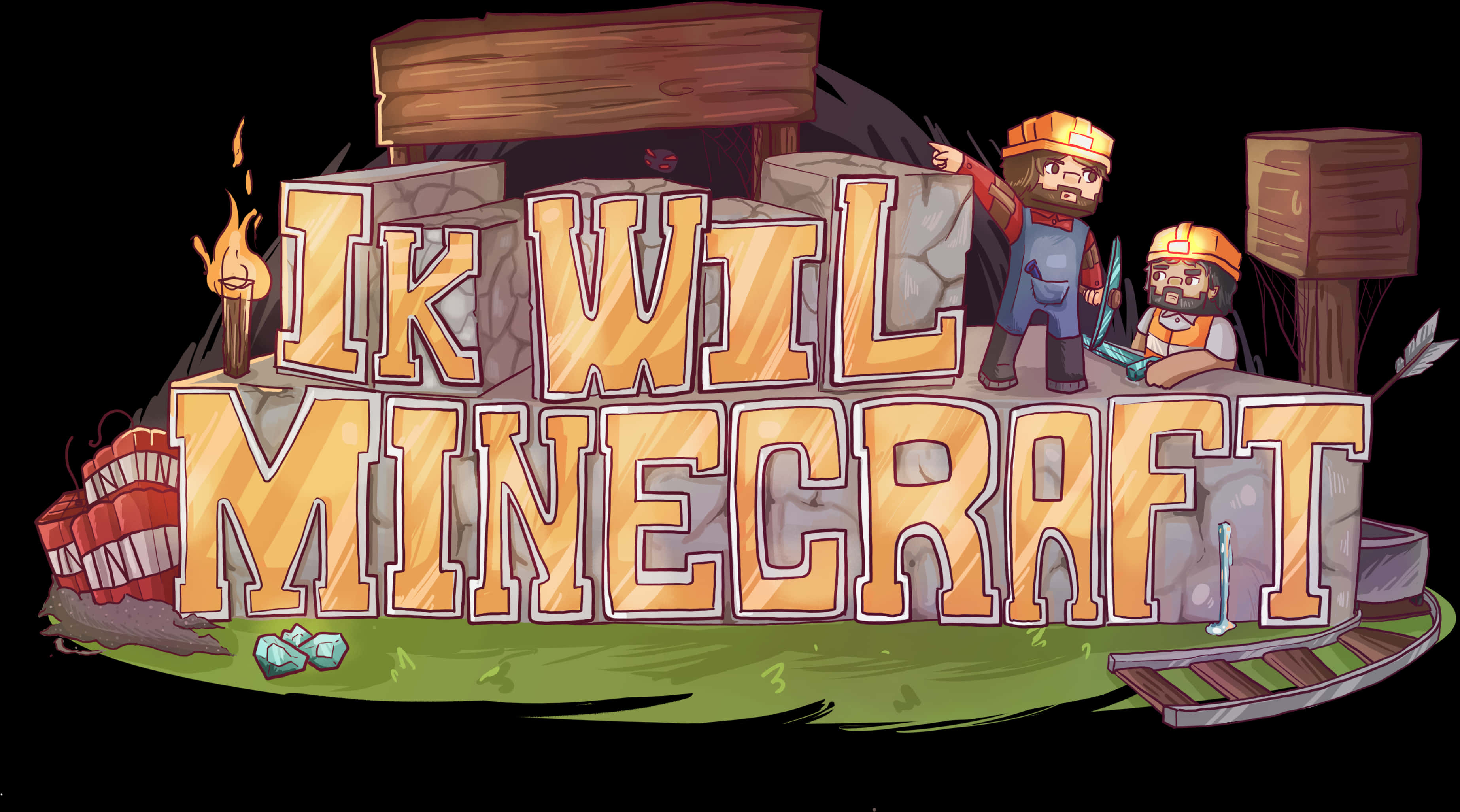 Minecraft_ Styled_ Illustration_with_ Characters PNG image
