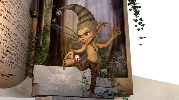 Mischievous Forest Elf Emerging From Book PNG image