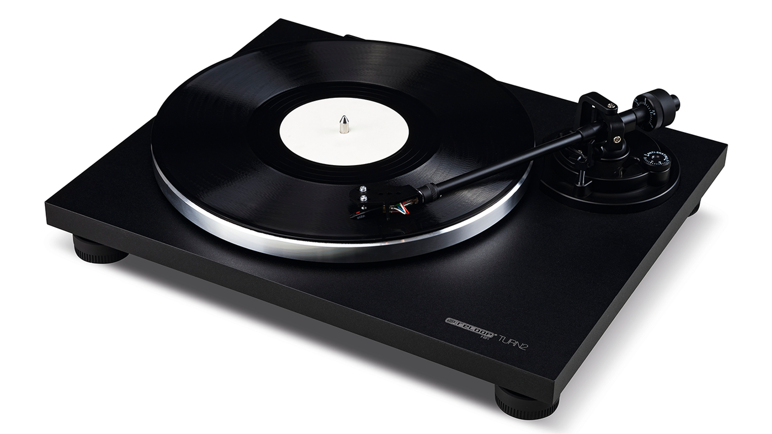 Modern Black Turntablewith Vinyl Record PNG image