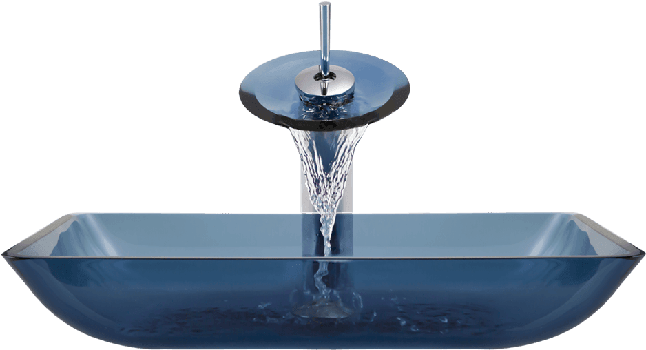 Modern Blue Glass Sink With Water Flowing PNG image