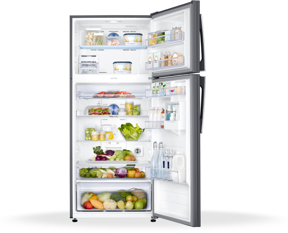 Modern Full Refrigerator Stockedwith Food PNG image