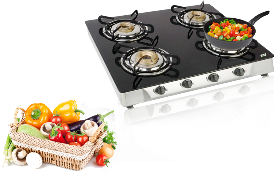 Modern Gas Stove With Fresh Vegetables PNG image