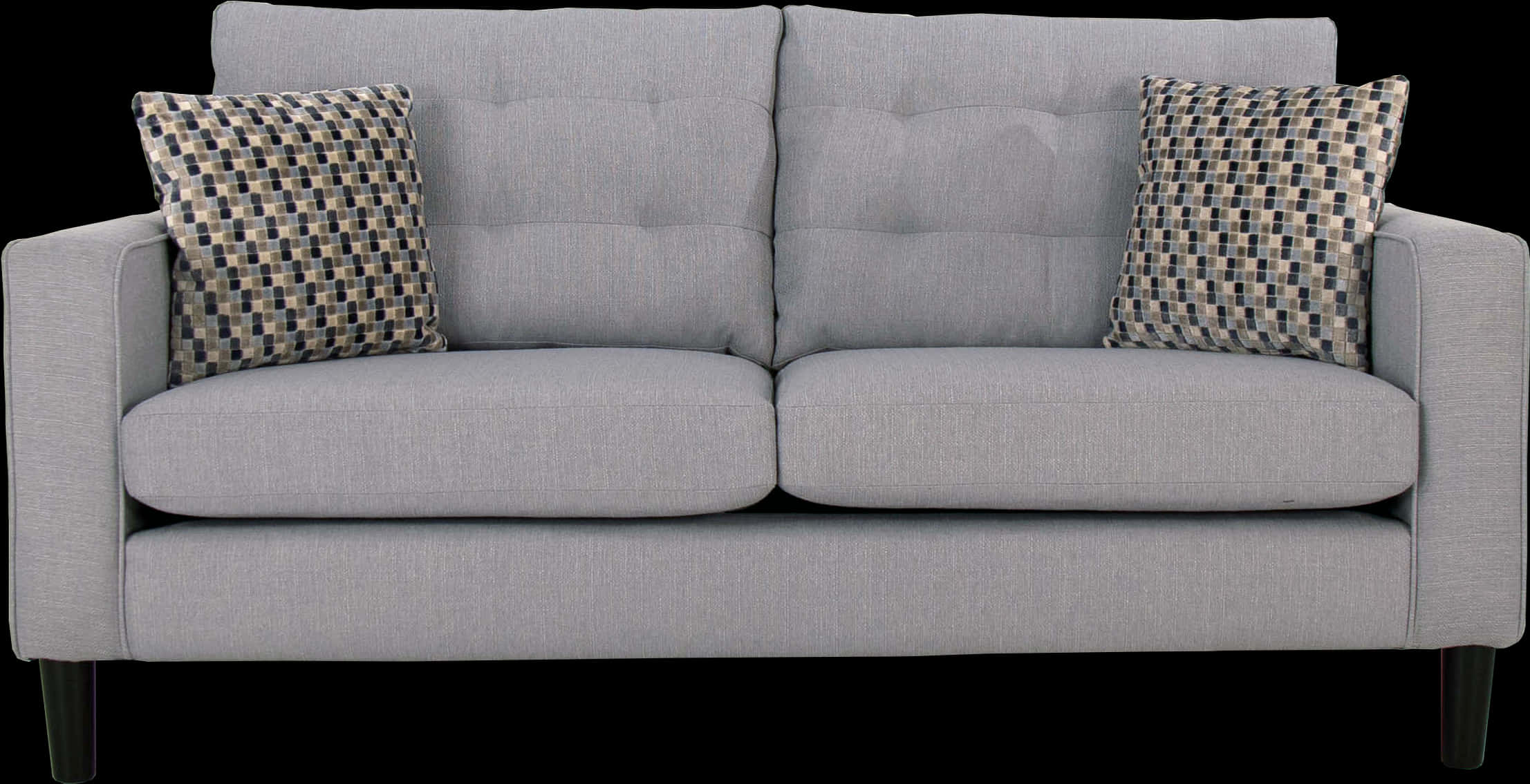 Modern Gray Couchwith Patterned Pillows PNG image