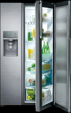 Modern Stainless Steel Refrigerator Open Doors PNG image