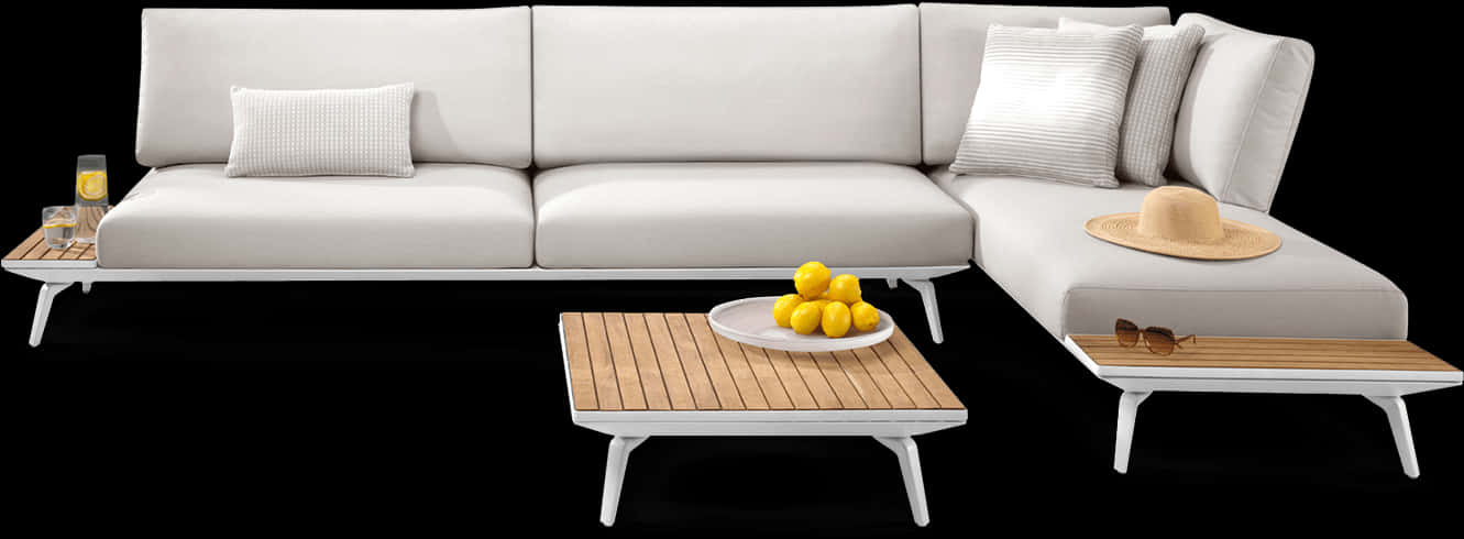Modern White Sectional Sofaand Coffee Tables PNG image