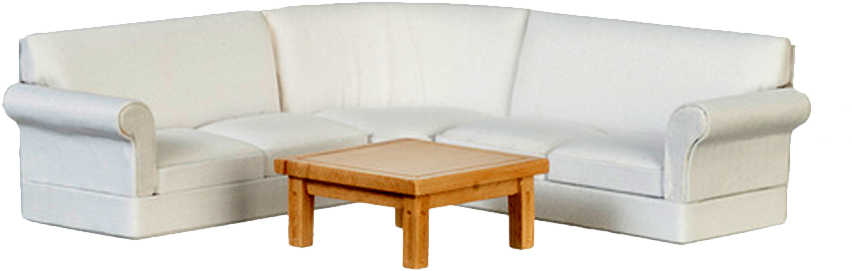 Modern White Sofaand Wooden Coffee Table PNG image