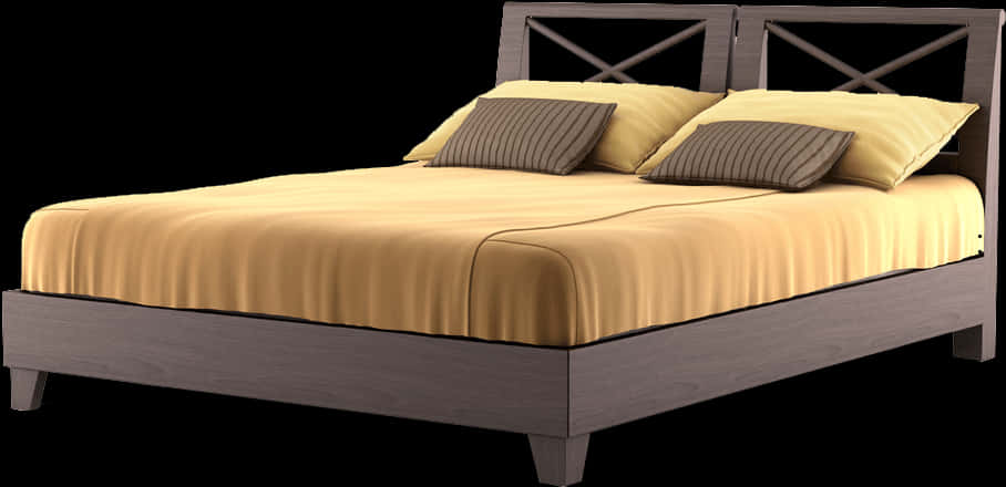 Modern Wooden Bedwith Golden Bedding PNG image